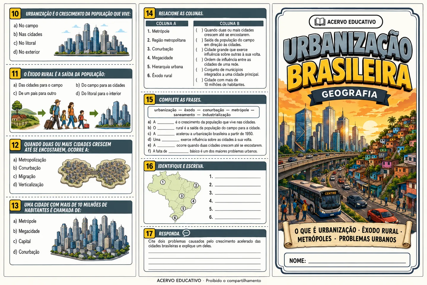 Folder ilustrado — Urbanização brasileira e problemas urbanos