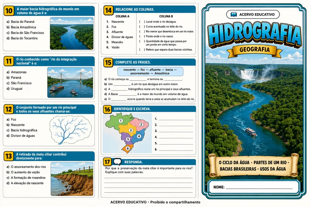 Exercícios do folder de hidrografia: rios e bacias hidrográficas