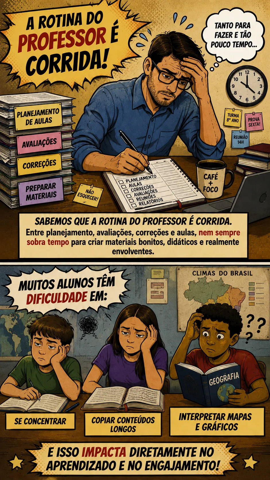 A rotina do professor é corrida: planejamento, avaliações, correções e alunos com dificuldade de aprender Geografia